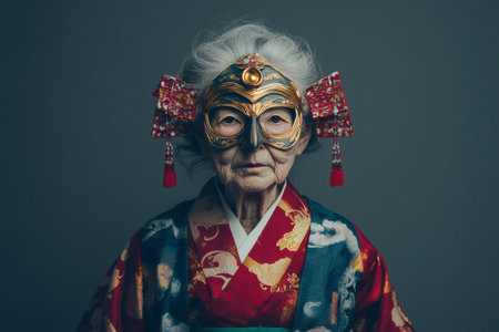 Portrait of a senior woman wearing a colorful kimono and an ornate samurai mask, representing Japanese culture and traditionsの素材