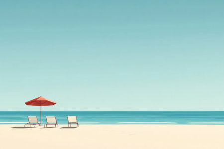 Minimalist illustration of a quiet beach with sun umbrella and deckchairs, perfect for summer vacation advertisingの素材
