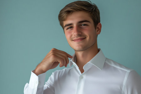 Portrait of a confident young man in a white dress shirt, smiling and adjusting his collar against a light teal backgroundの素材