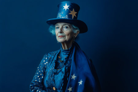 Elegant mature woman wearing a blue magician costume with stars and top hat posing on a blue backgroundの素材