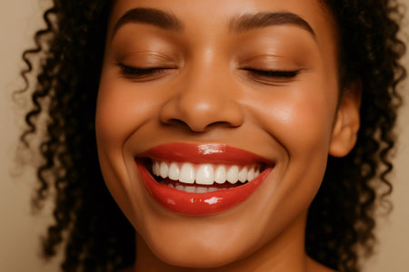 Close up of a young woman with curly hair, smiling and showing perfect white teeth and glossy lips, with closed eyesの素材