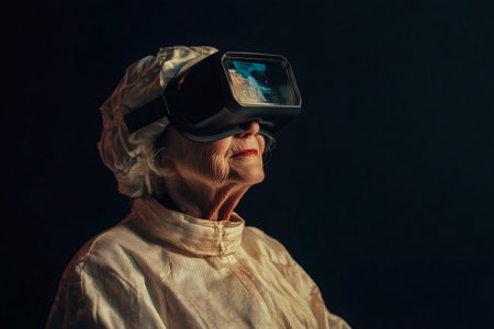 Elderly scientist wearing a futuristic visor explores virtual reality against a black backgroundの素材