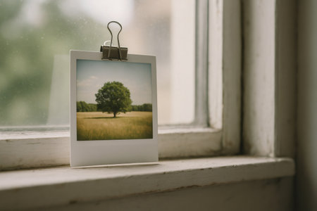 Instant photo drying on a window sill, secured by a binder clip, captures a solitary tree standing in a peaceful field, evoking nostalgiaの素材