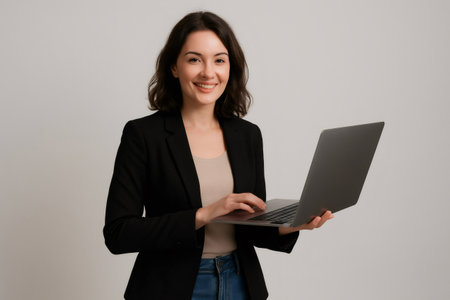 Portrait of a young businesswoman smiling and holding a laptop, typing on the keyboard against a light gray backgroundの素材