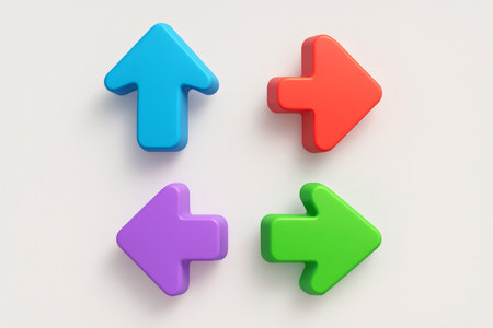Four colorful 3d arrows pointing up, down, left, and right, symbolizing different directions and choicesの素材