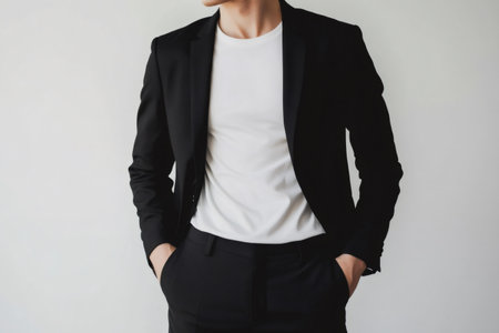 Close up of a businessman wearing an elegant minimalist outfit featuring a black suit and a white t shirt, showcasing contemporary business attireの素材