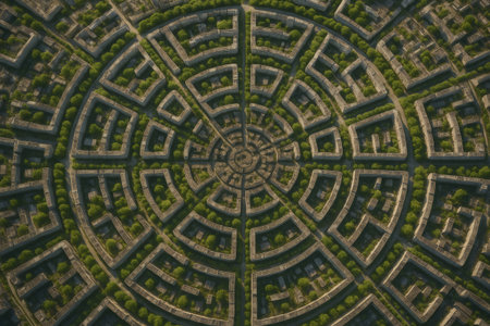 Aerial view of a circular city built merging nature and architecture, creating a futuristic sustainable urban designの素材