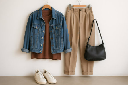 Earth tone capsule wardrobe hanging stylishly on a white wall, complemented by trendy sneakers resting on the floor belowの素材