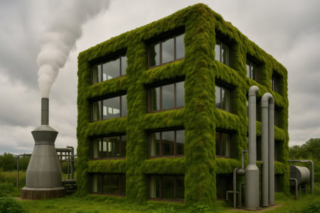 Steam rising from geothermal power station next to a moss covered building, showcasing sustainable energy and green architectureの素材