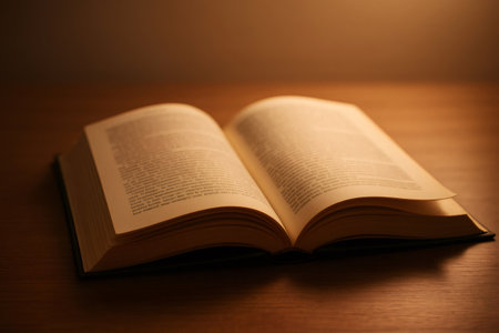 Open book lies on a wooden table, bathed in the warm glow of a soft light, creating a cozy and inviting atmosphere for readingの素材