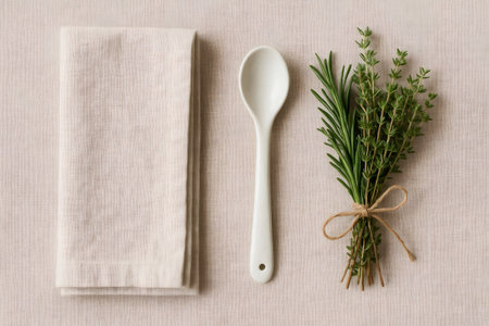 Elegant minimal table setting featuring a ceramic spoon, a linen napkin and fresh aromatic herbs, creating a refined dining atmosphereの素材