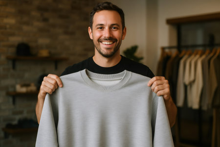 Smiling shop owner proudly holding a gray sweatshirt in his fashion store, showcasing stylish apparel in a vibrant retail environmentの素材
