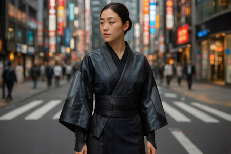 Young, stylish woman wearing a modern black kimono, gracefully walking through the vibrant streets of Tokyo, Japan, embracing urban fashionの素材