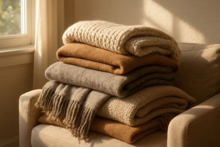 Warm sunlight illuminates a stack of soft, textured blankets folded on a comfortable armchair, creating a cozy and inviting atmosphereの素材