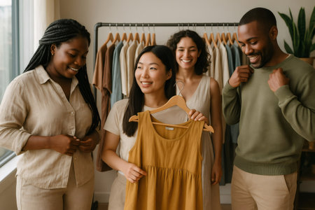 Group of smiling multi ethnic fashion designers showing sustainable clothes hanging on a rack in their atelierの素材