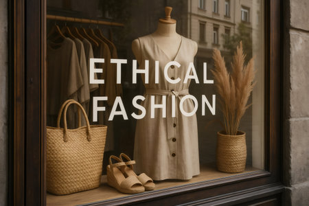 Shop window displaying ethical and sustainable fashion with mannequin, clothes, bag, and shoes, promoting responsible consumptionの素材