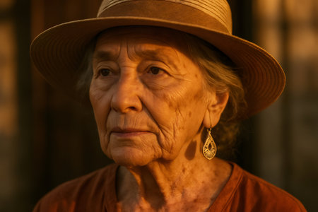 Portrait of a senior woman wearing a hat and earrings, bathed in the warm glow of golden hour sunlightの素材