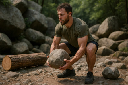 Muscular athlete lifting heavy rock during intense outdoor fitness training, demonstrating strength and power in natural environmentの素材