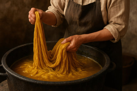 Craftswoman dyeing wool thread in a large cauldron with yellow dye, creating handmade textiles with traditional techniquesの素材