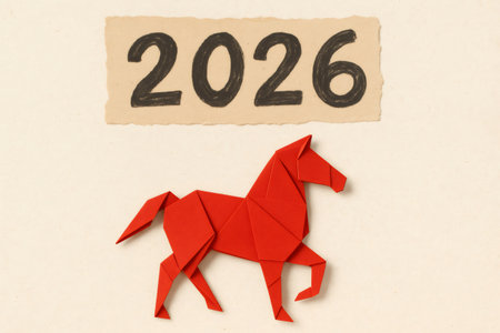 Red origami horse symbolizing the celebration of the 2026 Chinese New Year, embodying tradition and creativity in festive decorの素材