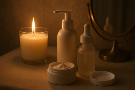 Creating a serene atmosphere, skincare products and a burning candle enhance an evening beauty routine, promoting relaxation and self careの素材
