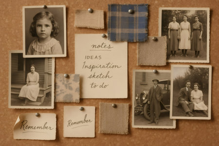 Corkboard displaying vintage family photos, fabric swatches, and handwritten notes, creating a nostalgic and inspiring sceneの素材