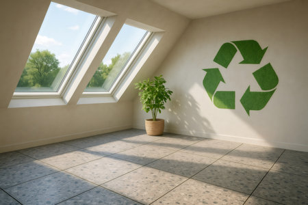 Sunlight illuminating modern attic room with recycle symbol and potted plant, representing sustainable living and eco conscious designの素材