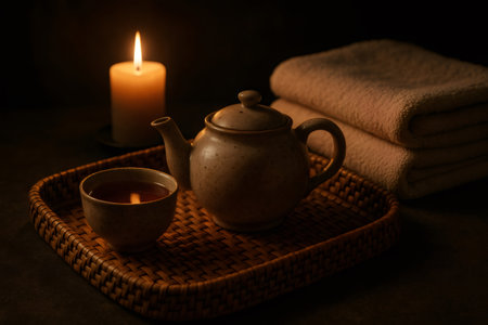 Teapot and cup on wicker tray, burning candle and folded towels creating a cozy atmosphere for evening relaxationの素材