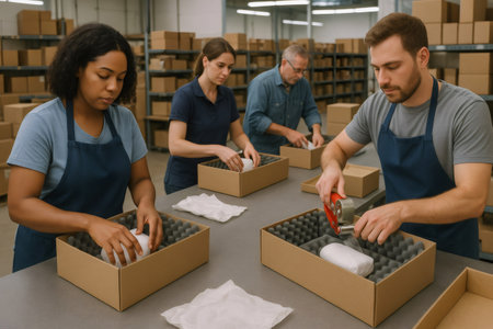 Concentrated warehouse workers carefully packing fragile goods into cardboard boxes, ensuring safe delivery to customersの素材