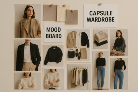 Capsule wardrobe mood board showcases a collection of neutral toned clothing items and fabric swatches, offering inspiration for creating a minimalist and versatile wardrobeの素材
