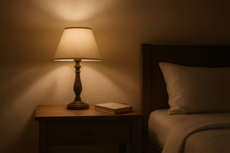 Warm light illuminating a book on the nightstand in a cozy bedroom, creating a peaceful atmosphereの素材