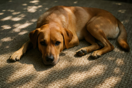 Adorable fox red labrador retriever lying down on a textured rug, enjoying the dappled sunlight filtering through a windowの素材
