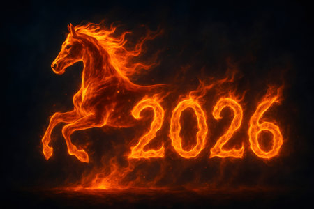 Fiery horse running with 2026 burning number on dark background, perfect for new year's eve celebrationsの素材