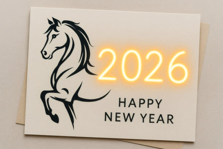 Greeting card featuring a prancing horse, celebrating the arrival of New Year 2026 with festive joy and traditional Chinese zodiac symbolismの素材