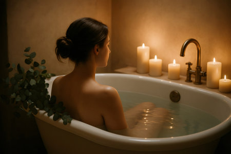 Young woman enjoying a warm, candlelit bath with eucalyptus branches, creating a serene and luxurious spa like atmosphereの素材