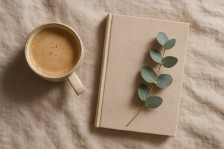 Cozy flat lay composition with a cup of coffee, a notebook and a eucalyptus branch on a beige blanket, perfect for creating a relaxing and inspiring atmosphereの素材