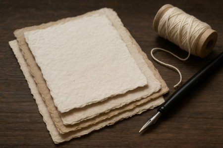 Sheets of textured handmade paper, a nib pen and a spool of twine create a rustic scene on a wooden table, ideal for craft or writing projectsの素材
