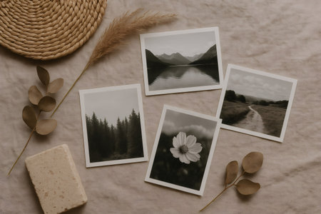 Four neutral film photographs showing nature landscapes and flowers on beige linen background with natural elements, creating a cozy and minimal aestheticの素材