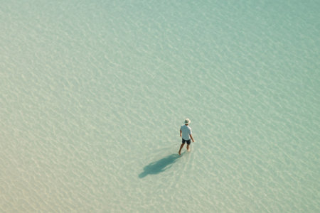 Aerial view of a tourist walking in shallow, crystal clear water, enjoying the tranquility and beauty of natureの素材