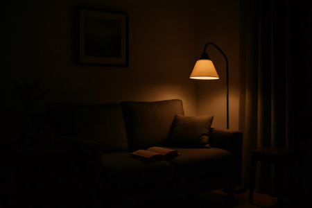Open book resting on sofa illuminated by warm light from modern floor lamp in cozy, dark living room, creating a peaceful reading atmosphereの素材