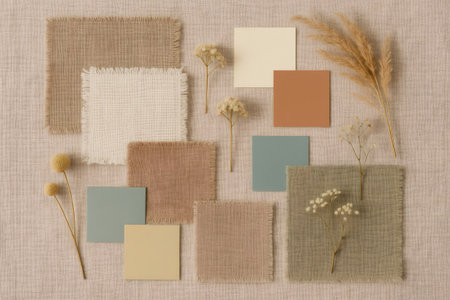 Neutral colored textile samples, color palettes and dried flowers arranged on linen canvas, creating a moodboard for interior design projectsの素材