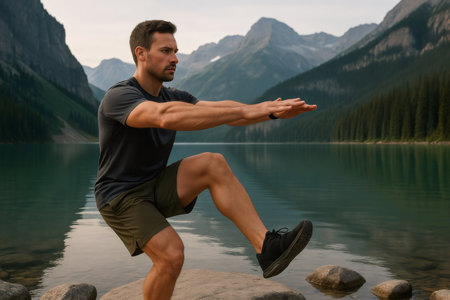 Athletic man performing pistol squats on a rocky outcrop beside a stunning mountain lake in the breathtaking Canadian Rockiesの素材