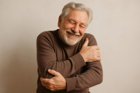 Elderly man with gray hair and beard wearing brown sweater is hugging himself and laughing with closed eyesの素材