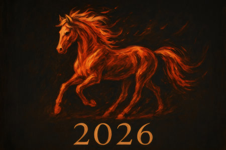 Painting of a fiery horse running free, celebrating the year 2026, symbolizing energy, passion, and the spirit of freedomの素材