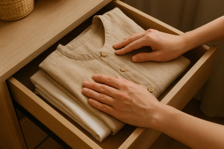Hands arranging folded beige and white shirts in modern wooden dresser drawer, promoting organization and sustainable fashionの素材
