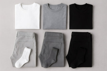 Minimalist monochrome capsule wardrobe composed of folded basic t shirts, pants and socks in white, gray and black, neatly arranged on gray background, ideal for fashion and lifestyle projectsの素材