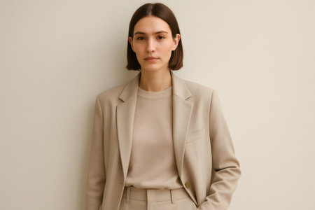 Studio portrait of confident young businesswoman wearing beige suit and sweater, embodying modern minimalist style and female empowermentの素材