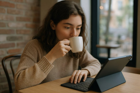 Freelancer sipping coffee while working on a tablet, surrounded by a cozy cafe atmosphere with natural light and a brick wall backdropの素材