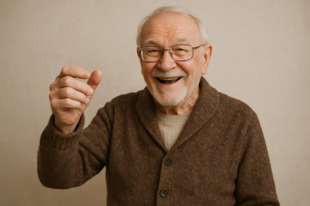Cheerful grandfather holding something small and invisible between his fingers, laughing and wearing glassesの素材