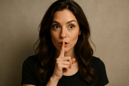 Portrait featuring a stunning young brunette woman, gently placing her finger on her lips in a quiet gesture, evoking a sense of mystery and discretionの素材